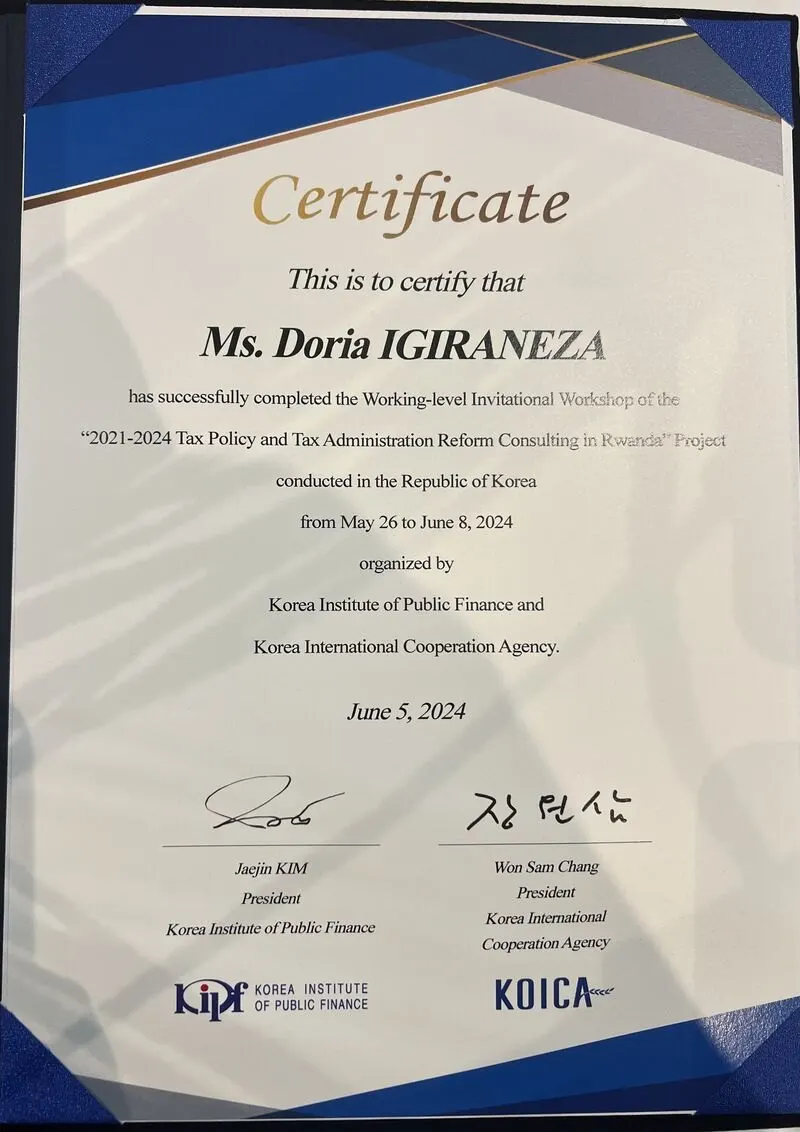 Certificate of completion, Korea Institute of Public Finance and KOICA.
